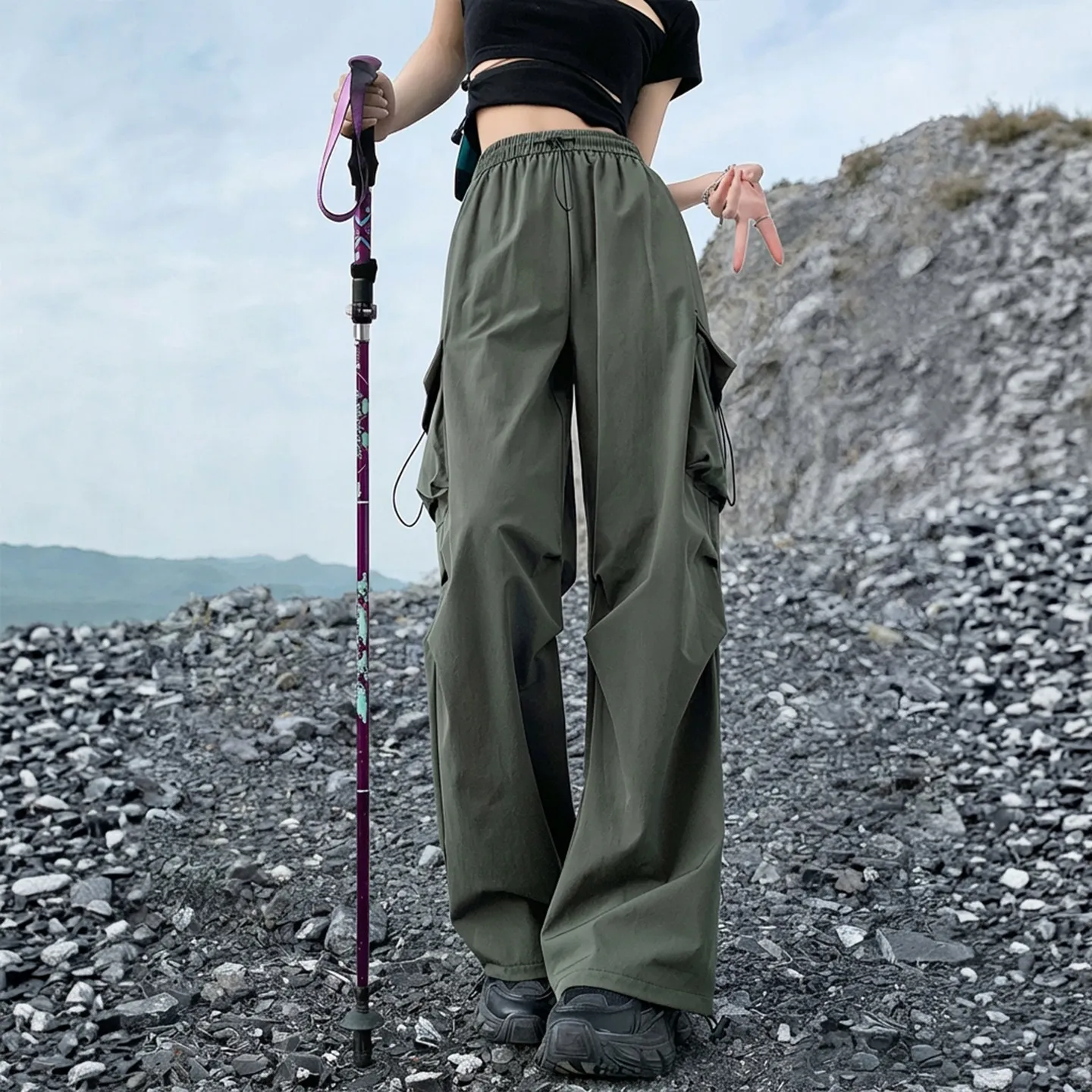 Safari Army Green Quick-drying Overalls Women's 2026 New Casual Wide-leg Mountaineering Pants Small American Charging Sweatpants