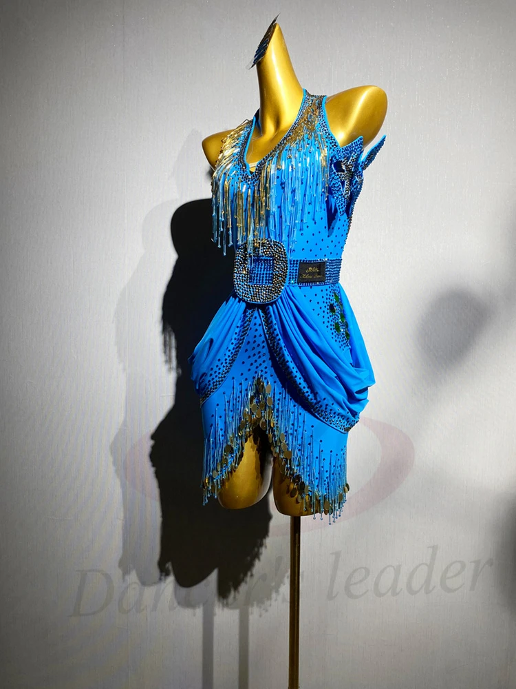 

Платье для латинских танцев для взрослых и детей, высококачественная женская одежда из золотых бусин с кисточками из камня, ча-танго