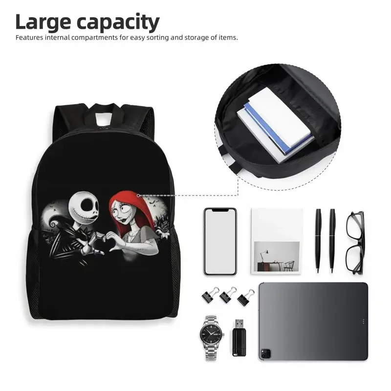 Mochila personalizada de Jack And Sally para Halloween para hombres y mujeres, bolsa de libros para estudiantes universitarios, bolsas de pesadilla antes de Navidad