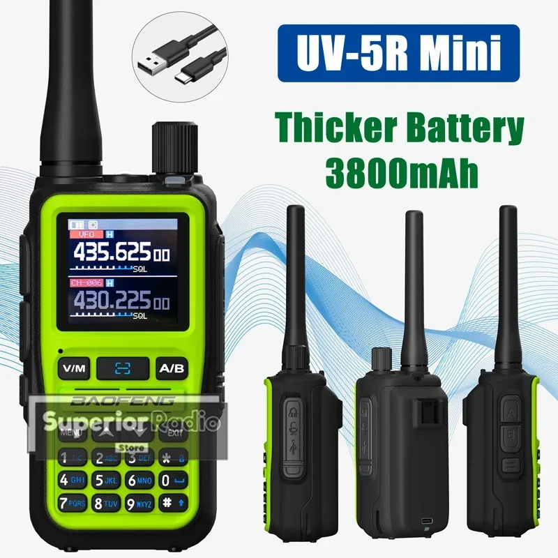 uv-5r-ミニ-バオフェン-ハンディトランシーバー-3800mah-大容量バッテリー搭載、bluetooth対応、グリーン、usb-c充電ポート、1-2倍の通信距離、999チャンネル、懐中電灯付き。