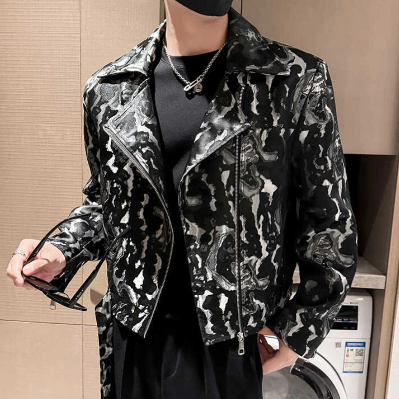 

Autumn Ink Printed Motorcycle Jacket for Men Handsome Casual Social Streetwear Jackets Zipper Lapel Hip Hop Harajuku Coats