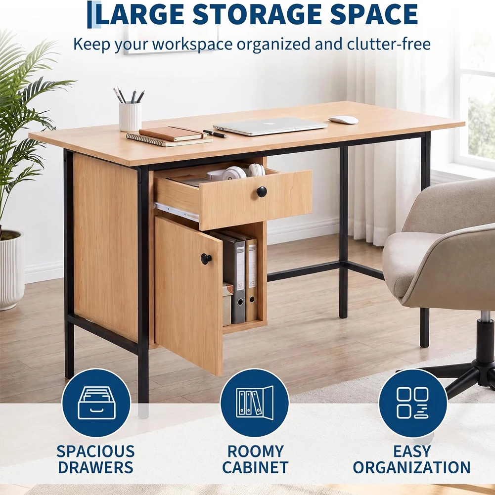 Home Office Computer Desk with Drawer and Door Storage, Simple Modern Desk for Bedroom, Home Office, Study, Writing, Compact Desk for Small Spaces, Study Table with Cabinet, Natural Oak+Black