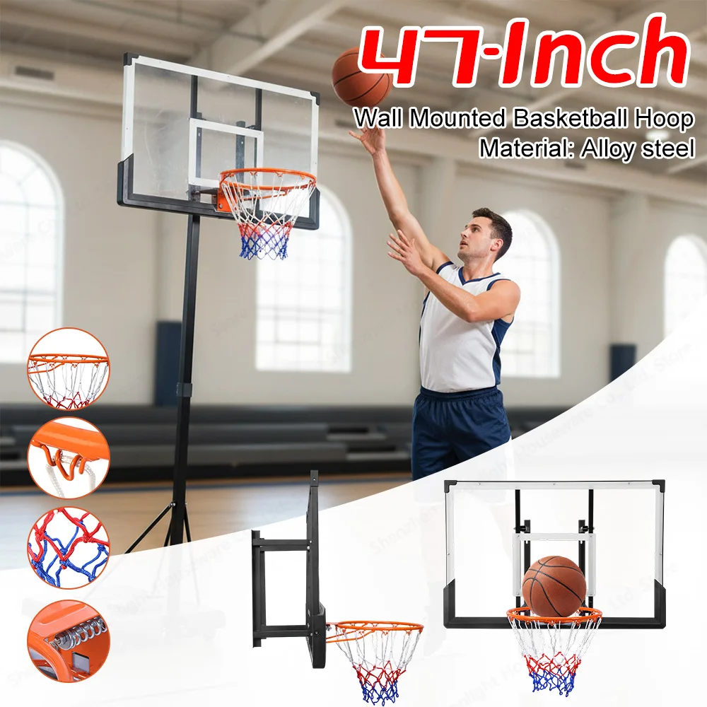 

47-Inch Wall Mounted Basketball Hoop Backboard Rim Combo Indoor Outdoor Basketball Goal for Garage Home Adults Kids Supplies ﻿