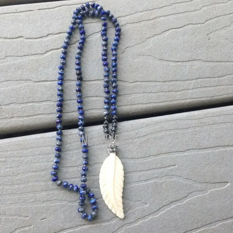 NM20735 Boho Chic Knot Lapis Rondelle Beads Necklace Cream Ox Bone Feather Pendant Charm