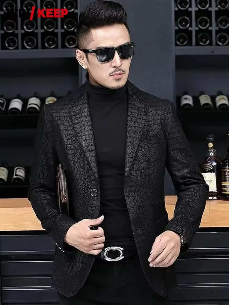 Autumn Business Men Sheepskin Genuine Leather Blazer Jacket Slim Fit Single Breasted Office Work Crocodile Pattern Suit Coat