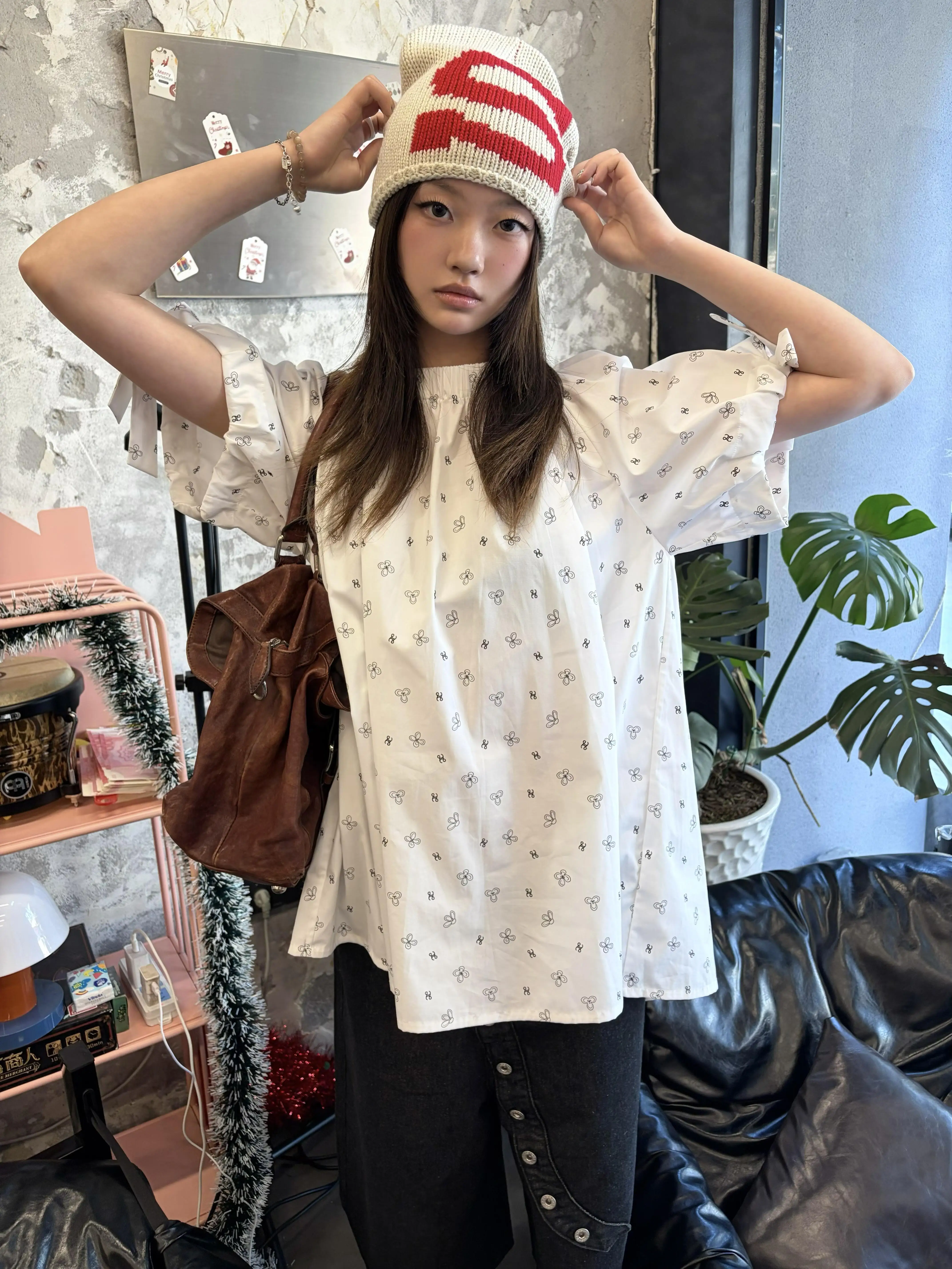 

Summer Floral Print Bubble Sleeve Loose Casual Midi Slimming Doll Shirt Women's Sweet Style round Neck Short Sleeve Blouse