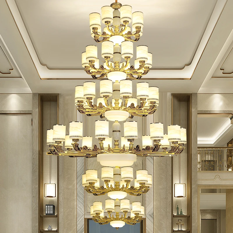 New Chinese duplex villa living room hollow chandelier building middle floor empty jump hall three or four floors staircase ligh