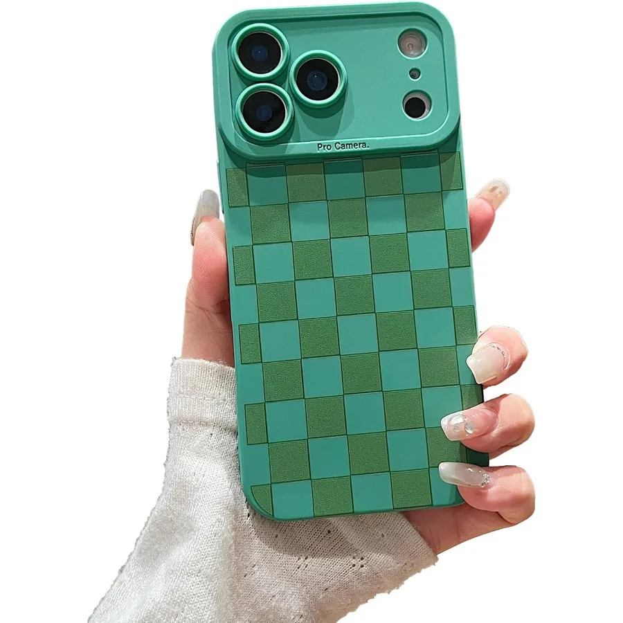 تصميم لطيف بنمط مربعات للفتيات والنساء، جراب واقٍ مقاوم للصدمات من السيليكون الناعم متوافق مع هاتف iPhone 17 Pro Green Colo #1