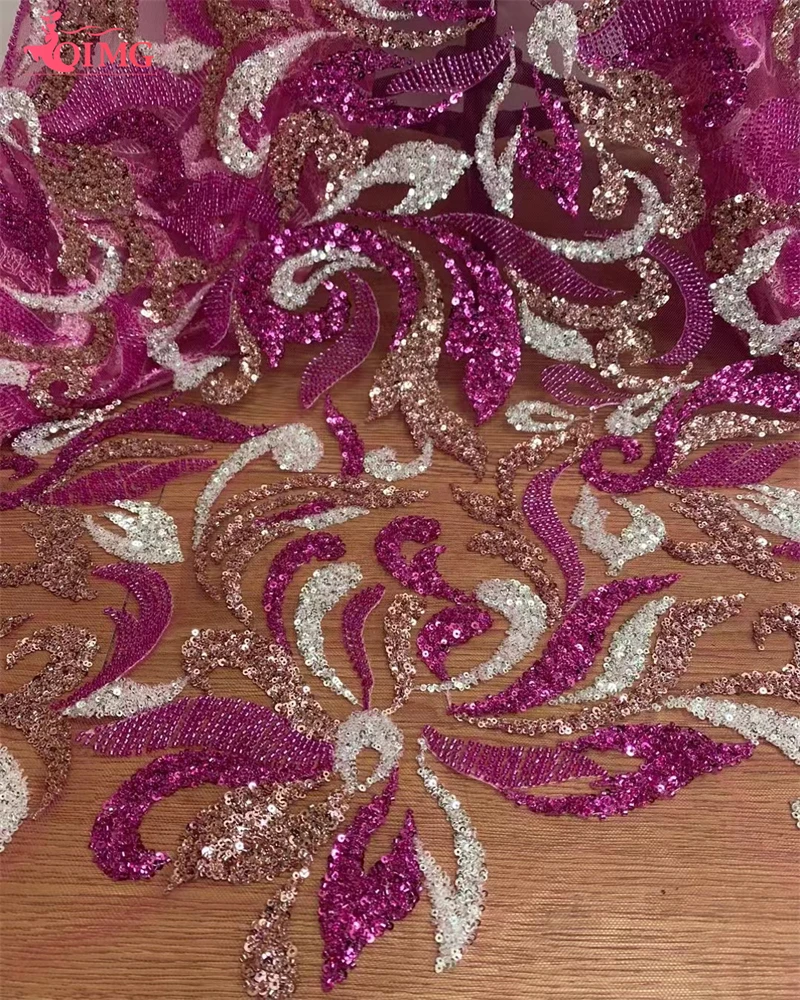 OIMG 2023 High Quality Exquisite African Handmade Beaded Sequins Lace Fabric French Embroidery Lace Fabric For Nigerian Wedding