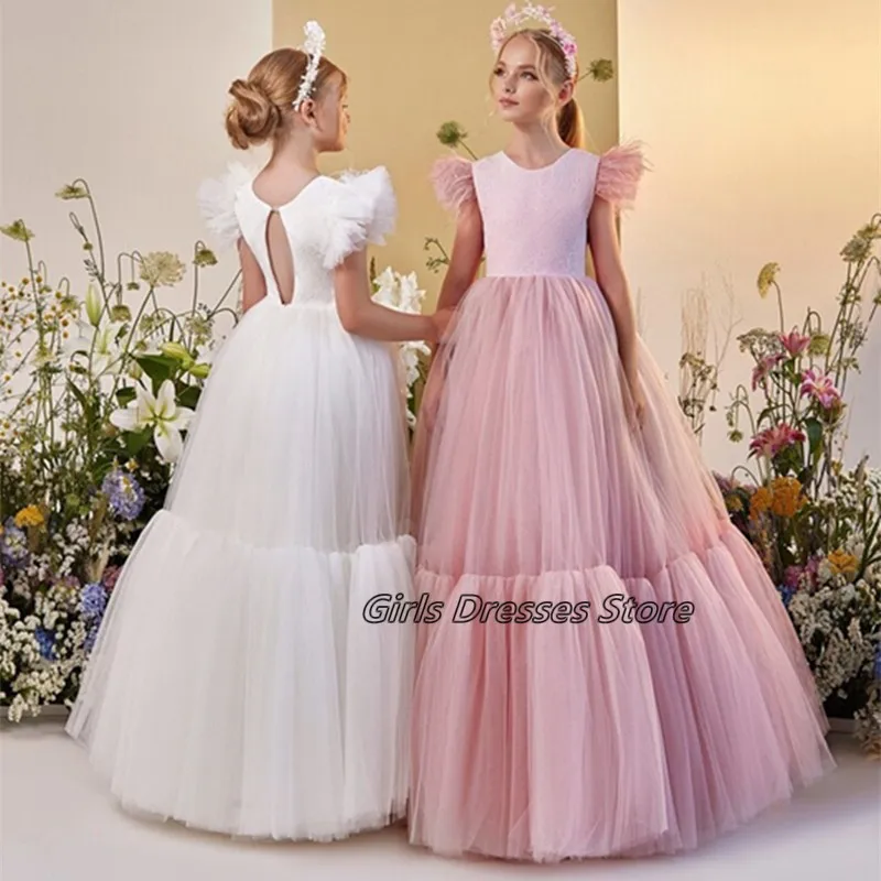 Elegante abito da ragazza di fiori in tull di pizzo per occasioni formali per feste di matrimonio senza maniche con scollo a O