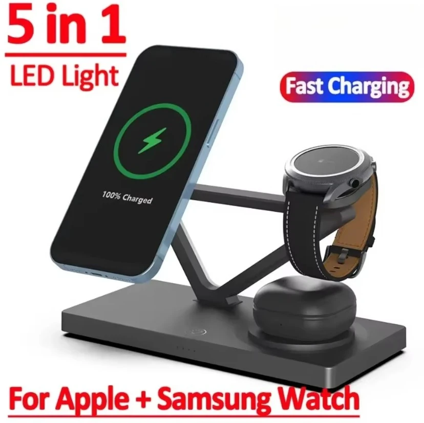 

5 In 1 Wireless Charger Stand Pad LED Light Fast Charging Dock Station for iPhone 17 16 15 14 13 12 Samsung Apple Watch AirPods