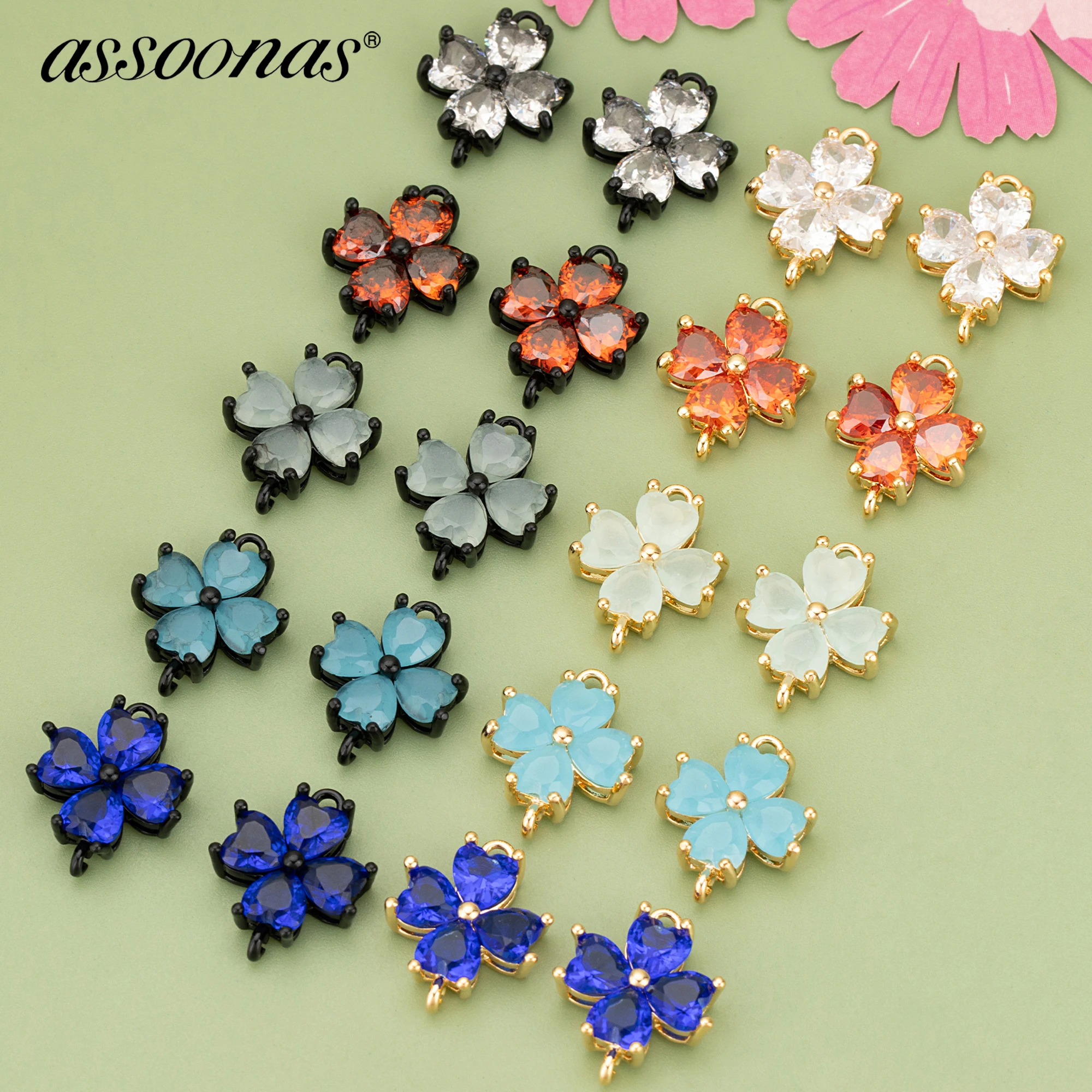 (MD75) 6pcs12.2x12.2MM 18k Gold Black Plated and Copper and Zircon Flower Shape Charms Pendants Diy Jewelry Findings Accessories