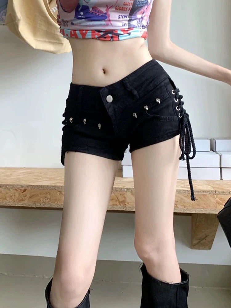 American Vintage Chic Low Waist Slim Straight Shorts for Women Ins Fashion Lace-Up Simple Street Pure Color Casual Female Shorts