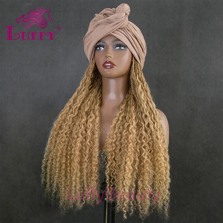 #27 Blonde Braids Band Wig With Human Hair Curly Ends Boho Box Braids For Hat Head Band Wig Grab And Go Braided Hair Extensions