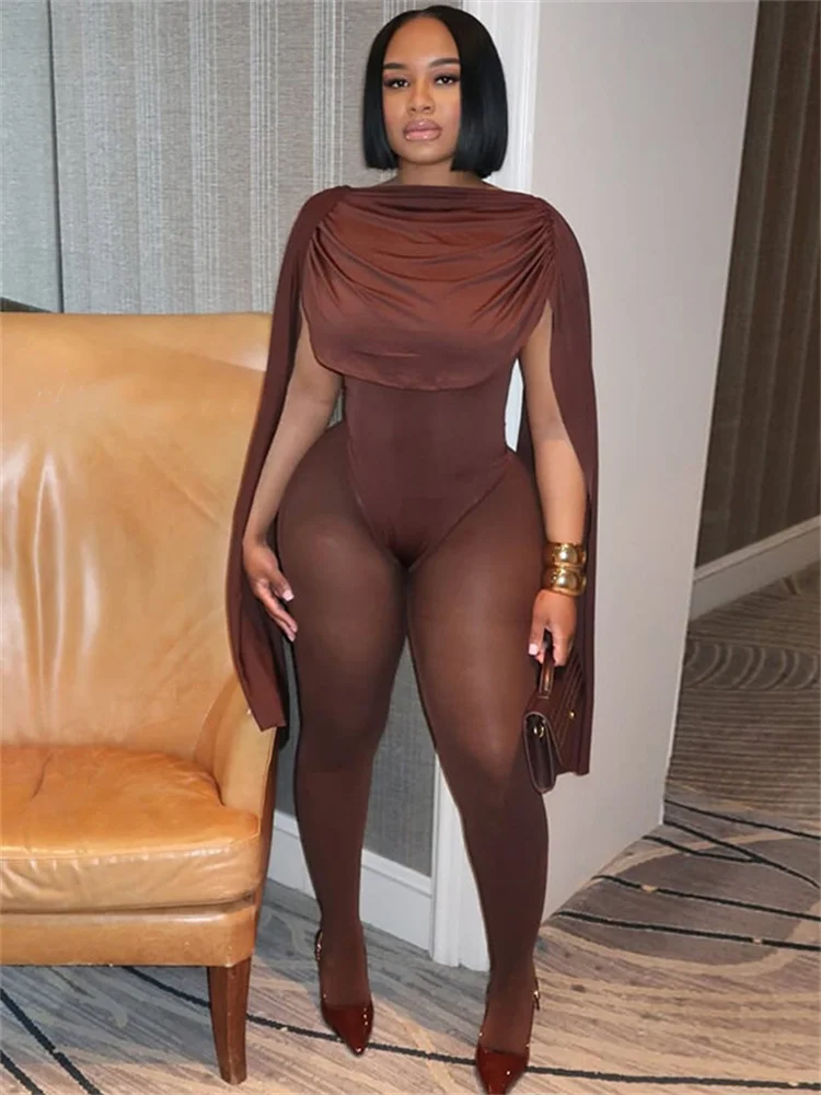 

EOENKKY Mesh Patchwork Jumpsuit Women O-Neck Skinny Ruched Stretch High Streetwear Hipster Workout Skinny Activity Overalls