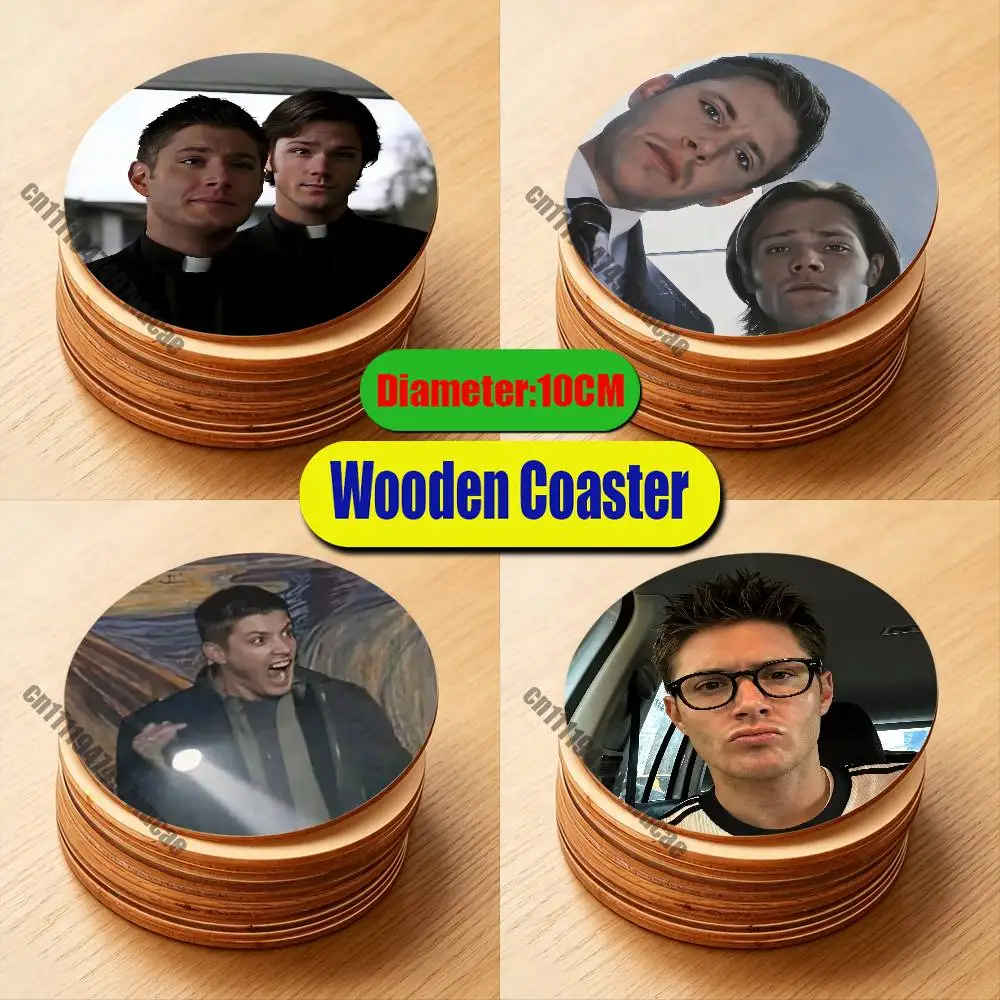 For Water Coffee Tea  Cup Glass Mat 10CM Wood Round Dining desk Custom Jensen Ackles Dean Winchester S-Supernatural Coaster