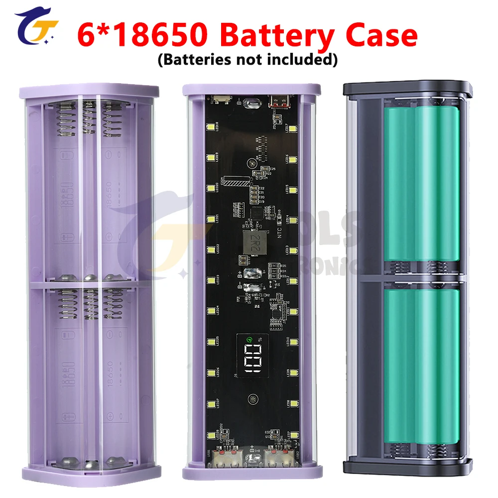 Transparent Shell 6-Cell 18650 Battery Case 22.5W Fast Charging Power Bank Case No-Solder Kit Battery Storage Box