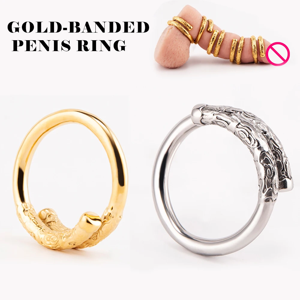 Gold-banded Stick Open Cockring Stainless Steel Male Penis Ring Delay Ejaculation Metal Glans Cock Ring BDSM Sex Tooys For Man