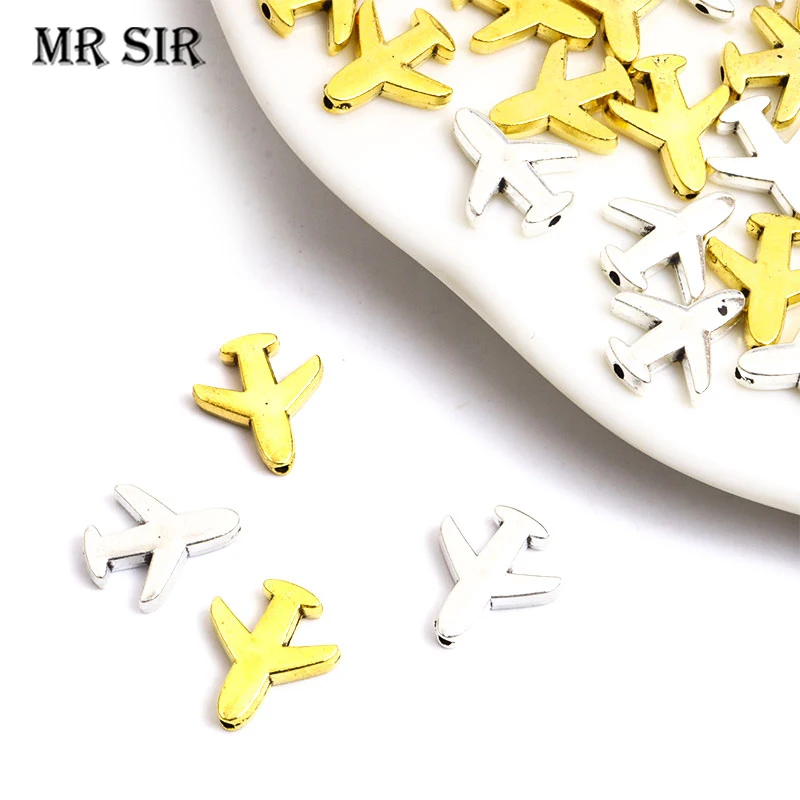 10pcs Airplane Alloy Spacer Beads Charms 1.3mm Hole Gold/Silver Color Metal Loose Bead For Jewelry Making DIY Bracelet Accessory