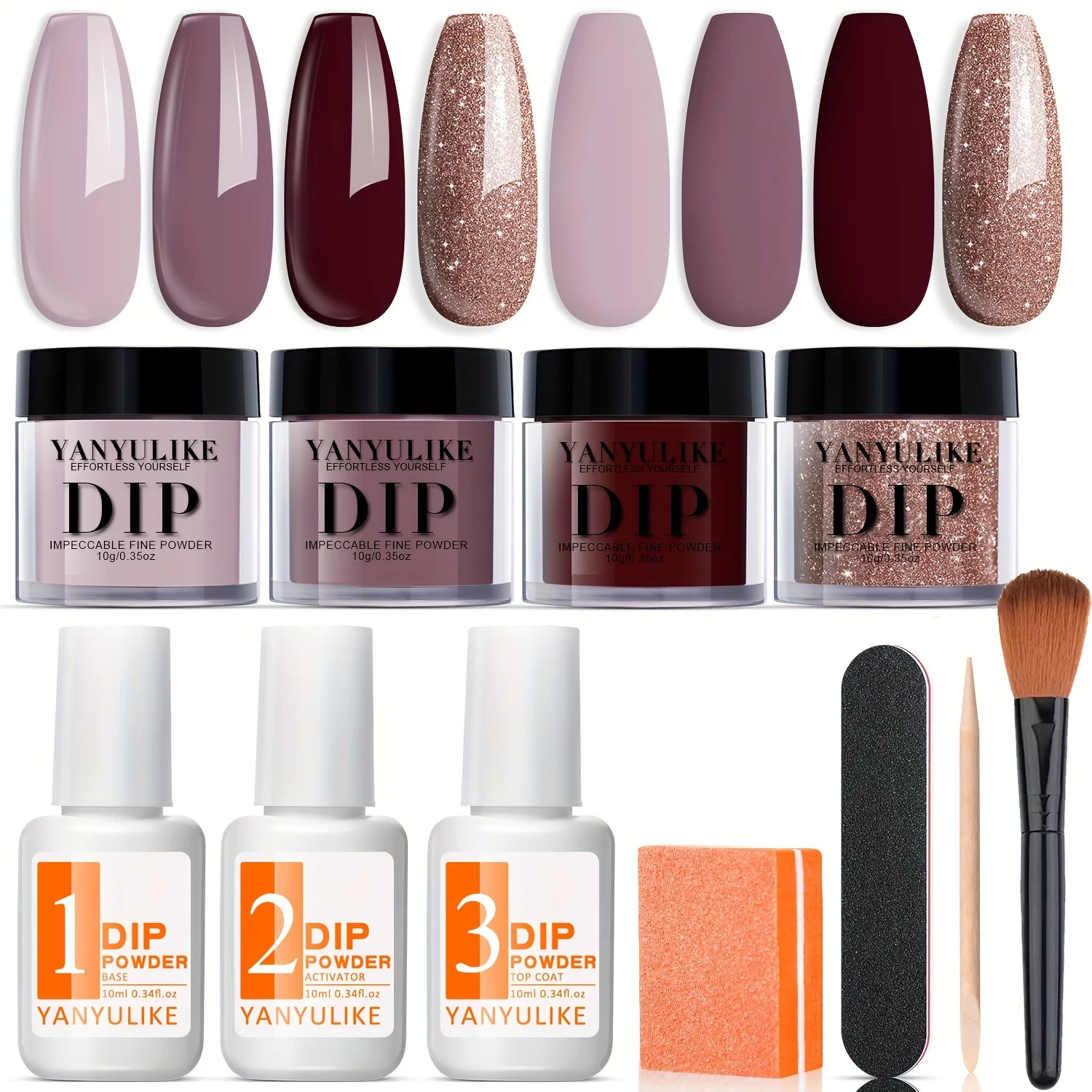 

4-Color Elegant Nude & Brown Shimmer Dip Powder Starter Kit, with dip base liquid, primer and activator.