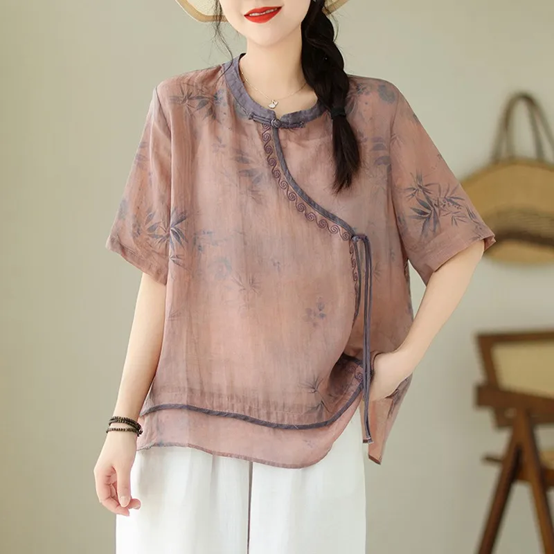 Chemise décontractée à col rond pour femme, style chinois, broderie vintage, imprimé Aadt, demi-manche, t-shirt en Y, nouveau, été, 2024, Bino 60