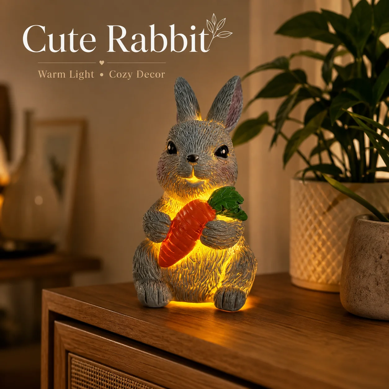 Glowing Rabbit Night Light Resin Figurine with Carrot Bunny Home Decor Tabletop Lamp for Bedroom Desk Shelf Easter Gift