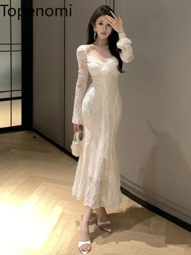 Topenomi Gentle Wedding Dress Women Autumn Sexy Lace High Wiast Slim Long Sleeve Evening Robe French Elegant Cocktail Vestidos