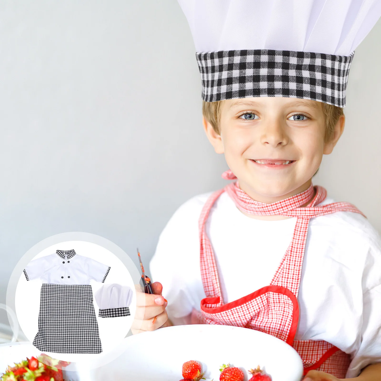 

1 set Chef Costume Outfit Short Sleeve Uniform Apron Hat Set Cotton Material For Pretend Play Career Day Halloween