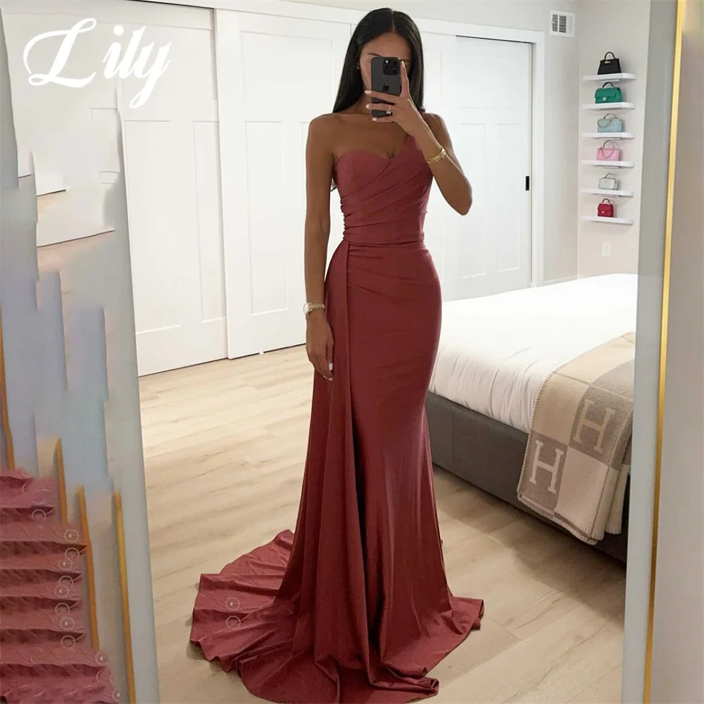 

Lily Simple Red Chic Woman Evening Dresses Gown Mermaid Sexy One Shoulder Night Dress Gown with Pleats Satin robes de soirée