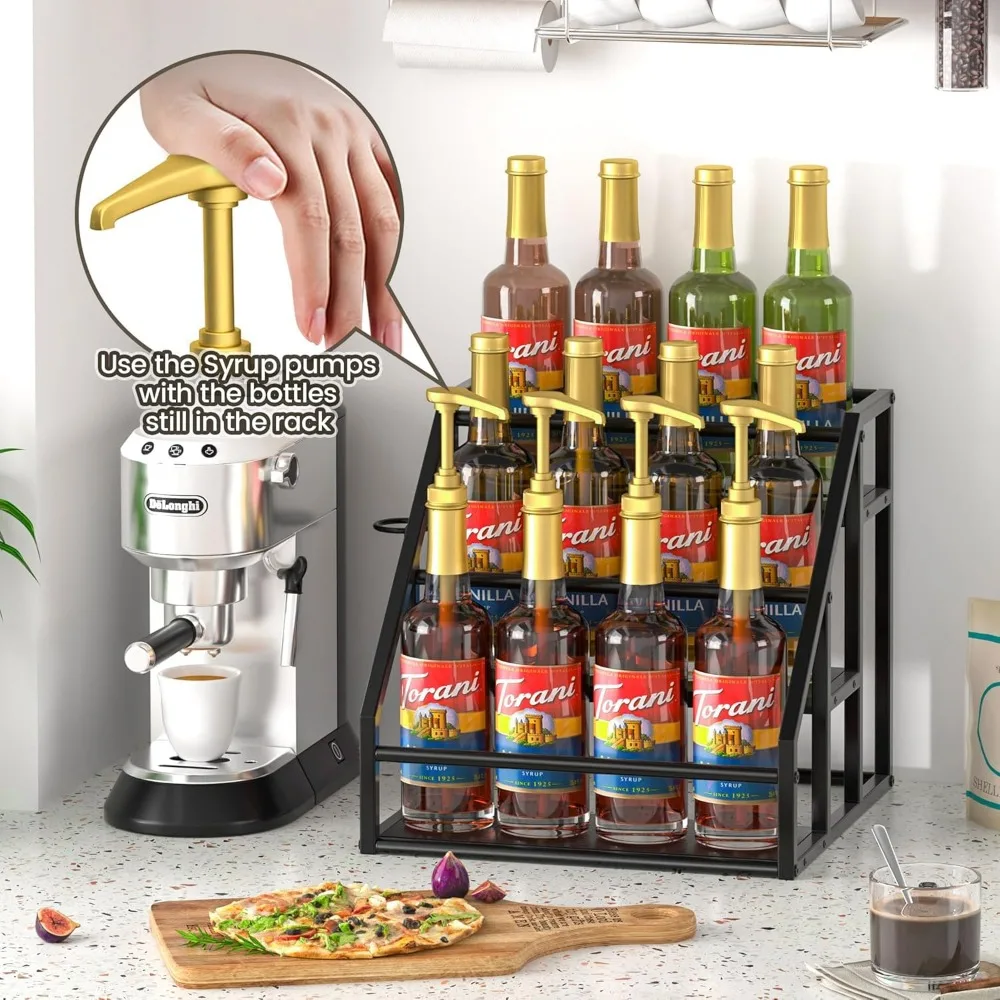 3-Tier Syrup Bottle Holder Stand, Spice Rack Organizer for Kitchen Countertop, Black