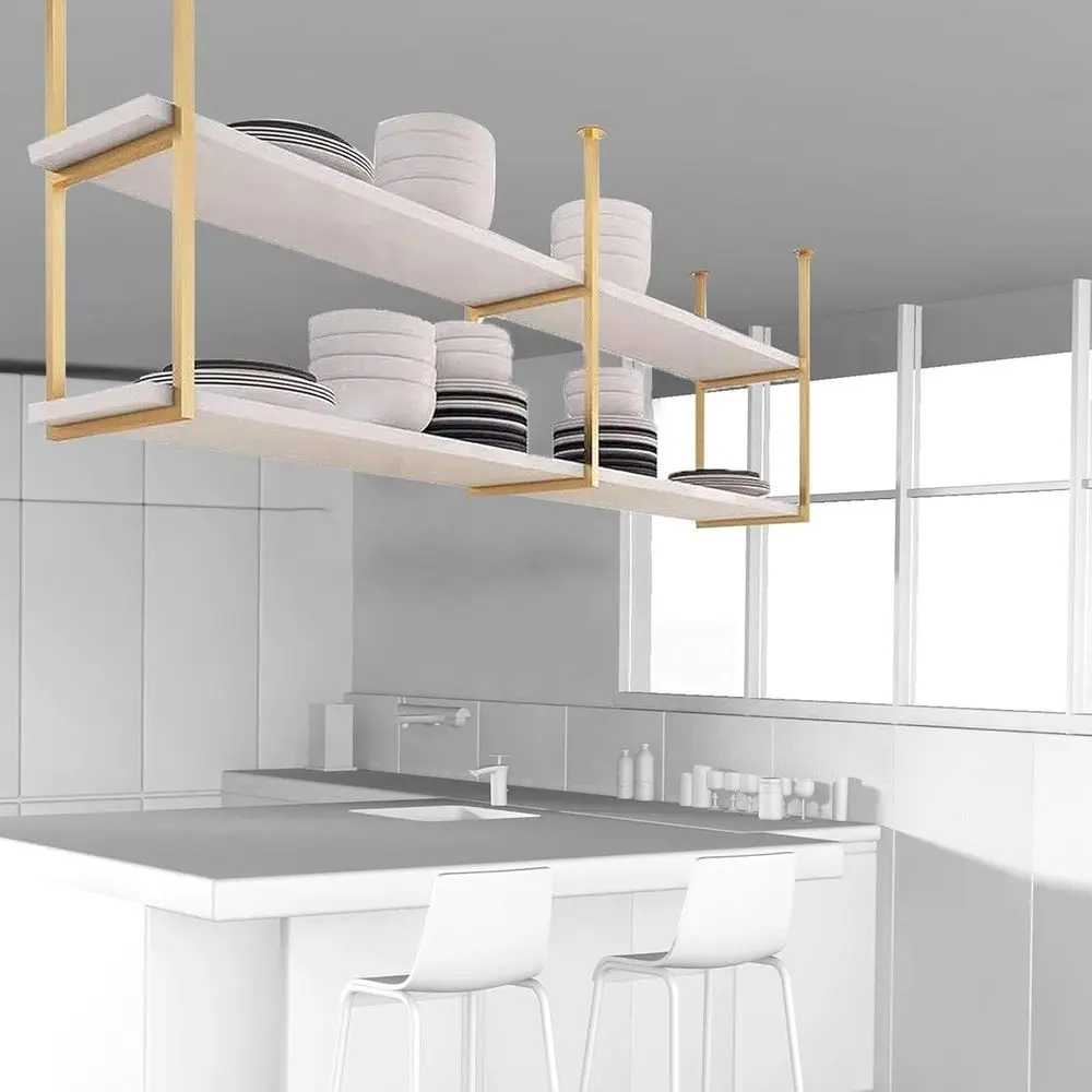 

Nordic Style Ceiling Mounted 2-Tier Wine Rack, Wood and Metal, 80x25x80cm, Ideal for Restaurants and Bars, Easy Assembly