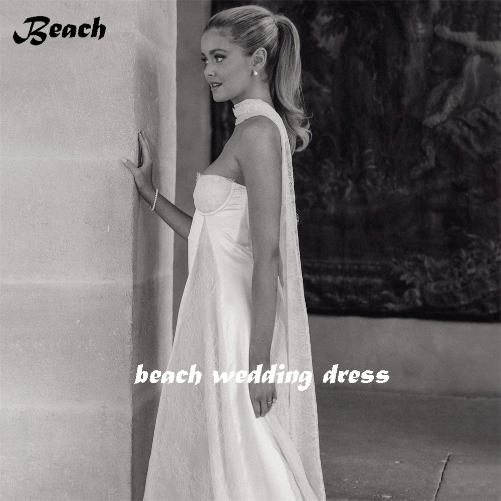 Strand einfache Schatz Satin Hochzeit Brautkleider sexy ärmellose rücken freie boden lange A-Linie Brautkleid Vestidos Largos