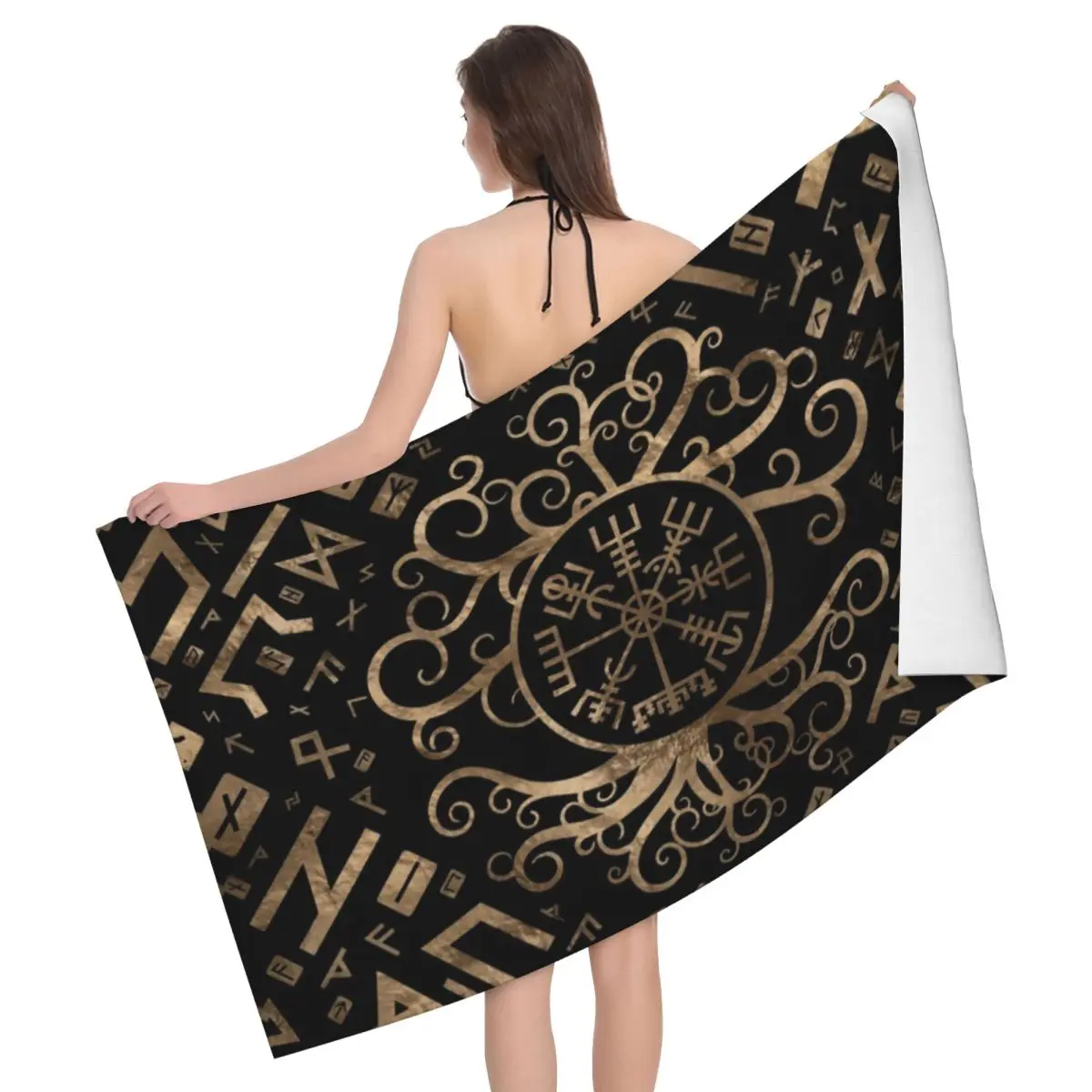

Customized Vegvisir Tree Of Life Yggdrasil And Runes Beach Towel Quick Dry Vikings Soft Linen Microfiber Bathroom Sauna Towels