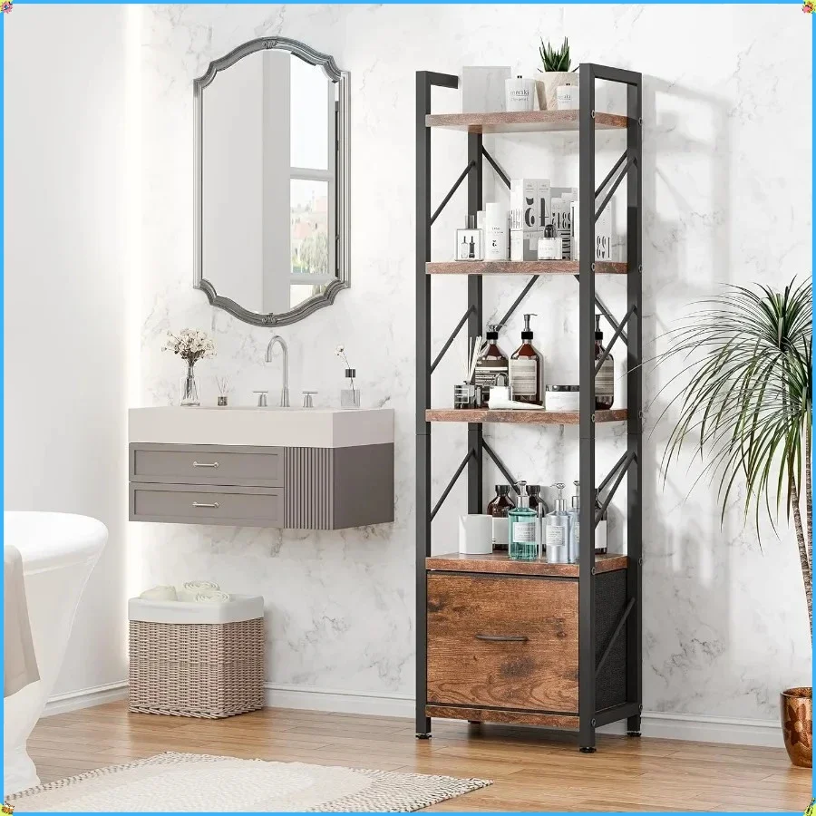 5-Tier Tall Narrow Industrial Bookshelf with Drawer, Freestanding Wood & Metal Bookcase for Office Study