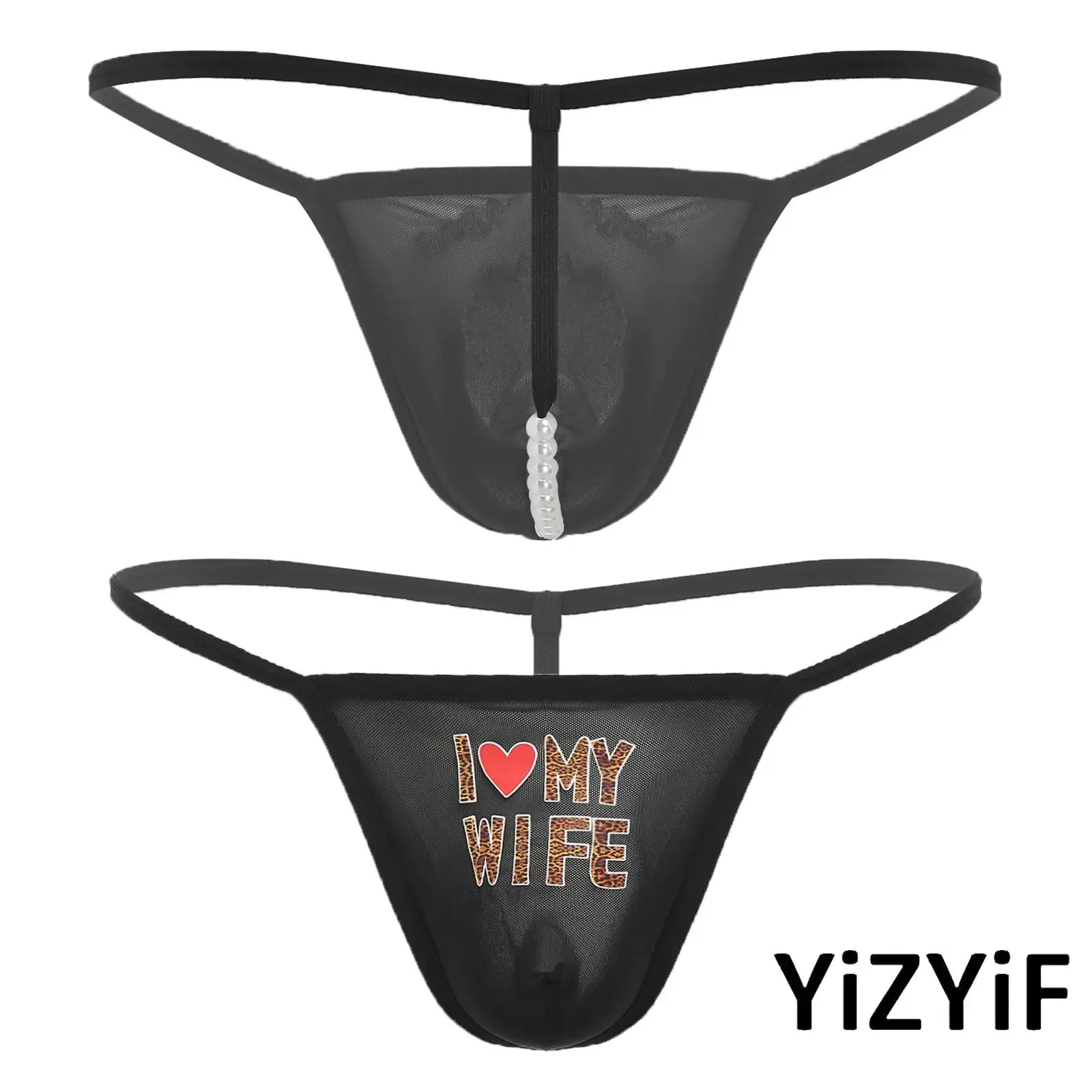 الكبار رجل طباعة ثونغ بقماش شفاف الانتفاخ فو اللؤلؤ سلسلة T-الظهر منخفضة الارتفاع ثونغ ملخصات الملابس الداخلية للمواعدة شهر العسل