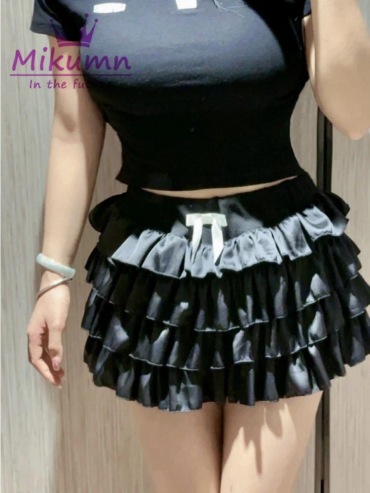 Harajuku Women Kawaii White Pink Black Cute Bow Ruffles Cake Mini Skirt Y2k Grunge Aesthetics Elastic Low Waist Pleated Skirt