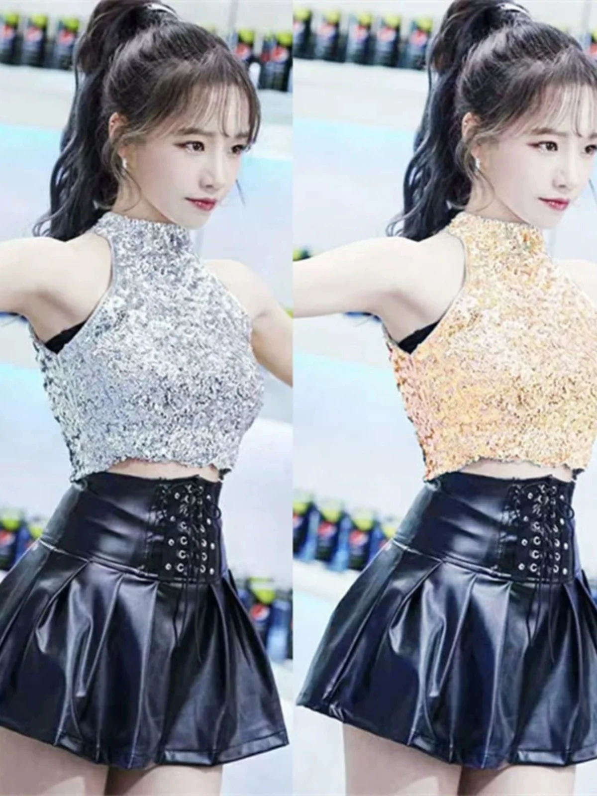 

Sexy Fashion Short Tank Top Waist Cinching Vest with Sequins Neck Hanging Design And Skirt Set Performance Clothes for Women