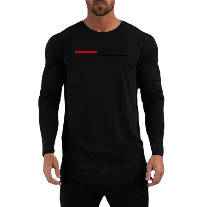 Fashion Paris Print Running T-shirt Long Sleeve Cotton Slim Fit Gym Sport Clothing Mens Fitness Bodybuilding Muscle Tee Tops