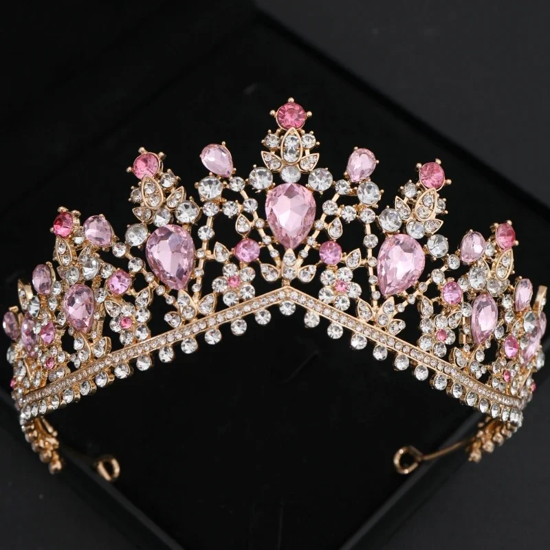 Pink Crystal Tiaras And Crowns For Women Bride Pink Rhinestone Prom Diadem Crown Tiara Bridal Wedding Hair Accessories Jewelry image 6
