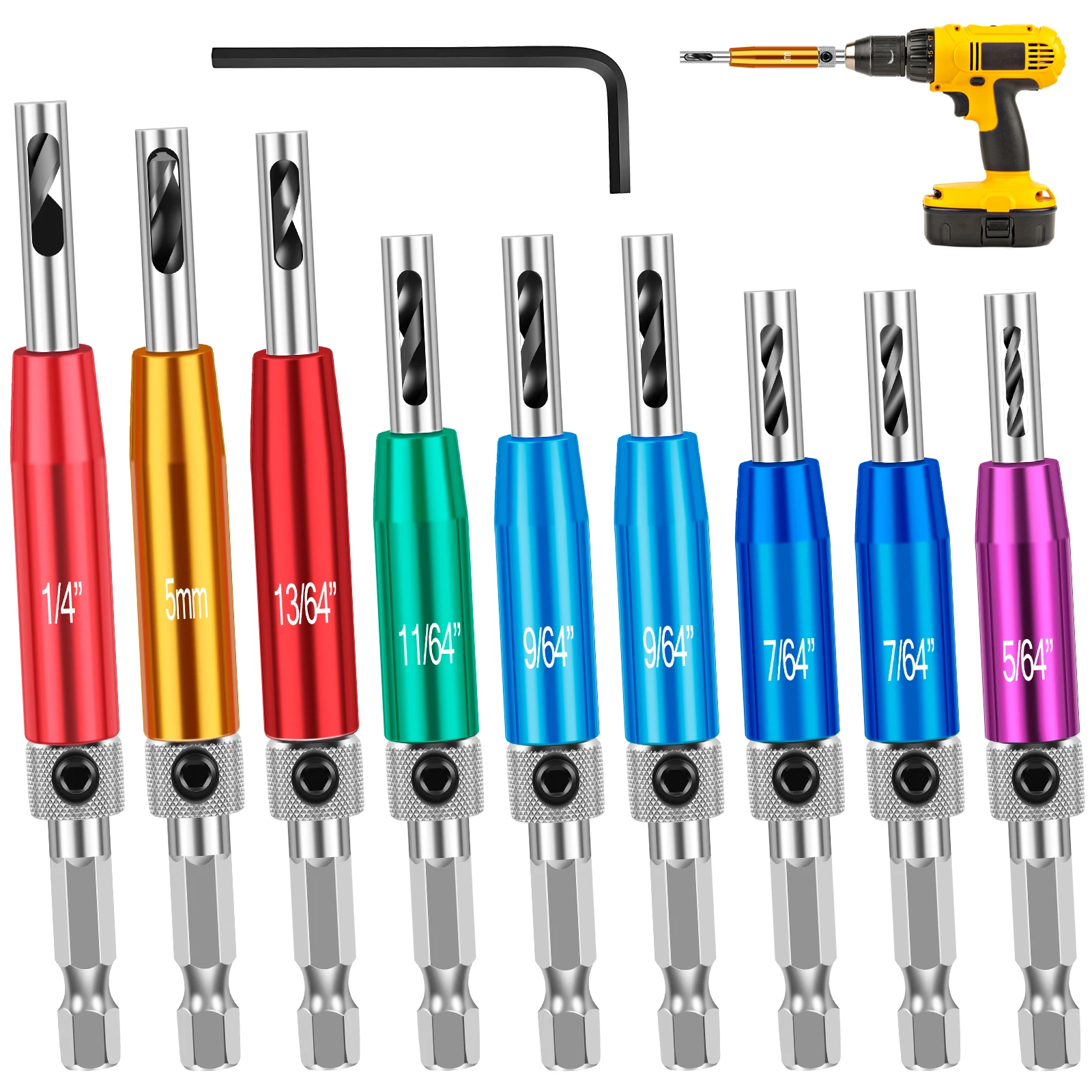 

10Pcs Self Centering Drill Bit Set 1/4inch Hex Shank Hinge Drill Bit Set 5/64inch to 1/4inch Center Drill Bit Set with Wrench