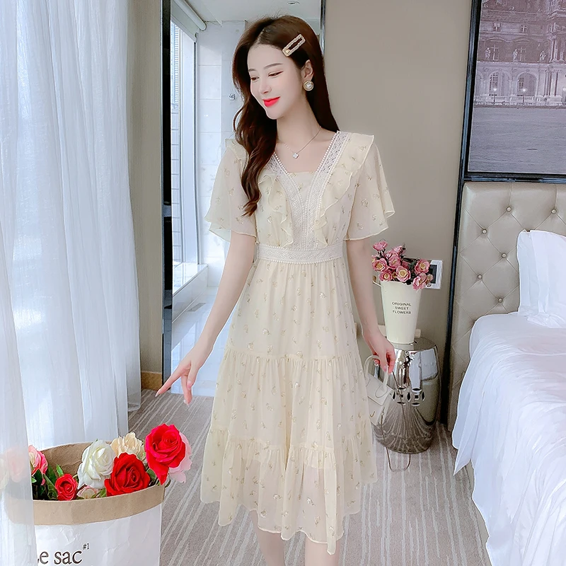 تنورة شيفون مطبوعة بالورود دكتور للسيدات لصيف 2024 بخصر عالٍ لقضاء العطلات على الشاطئ تنورة خرافية للتنقل Sle ort Sve بياقة مربعة #3