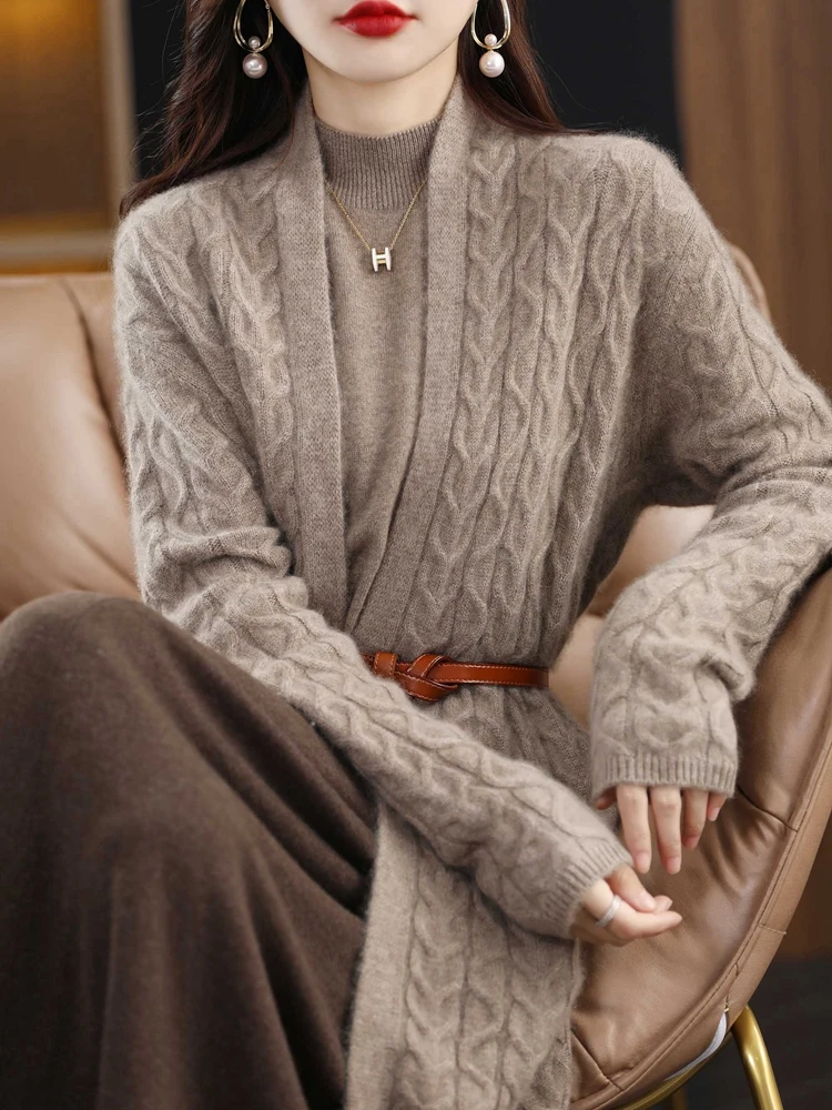 100% Pure Wool Cashmere Sweater Woman V-neck Long Twist Cardigan Casual Knit Tops Autumn Winter New Jacket Warmth Thick Outwear