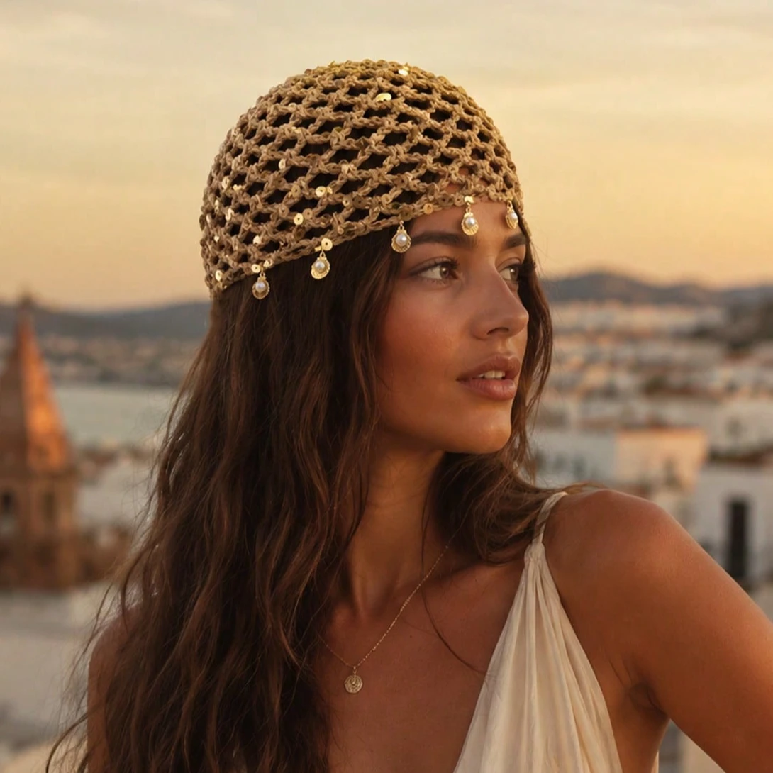 Women's Bohemian Faux Pearl Shell Pendant Mesh Hollow Knit Hat Decorative Hat Beach Vacation Travel Accessory Party Decoration