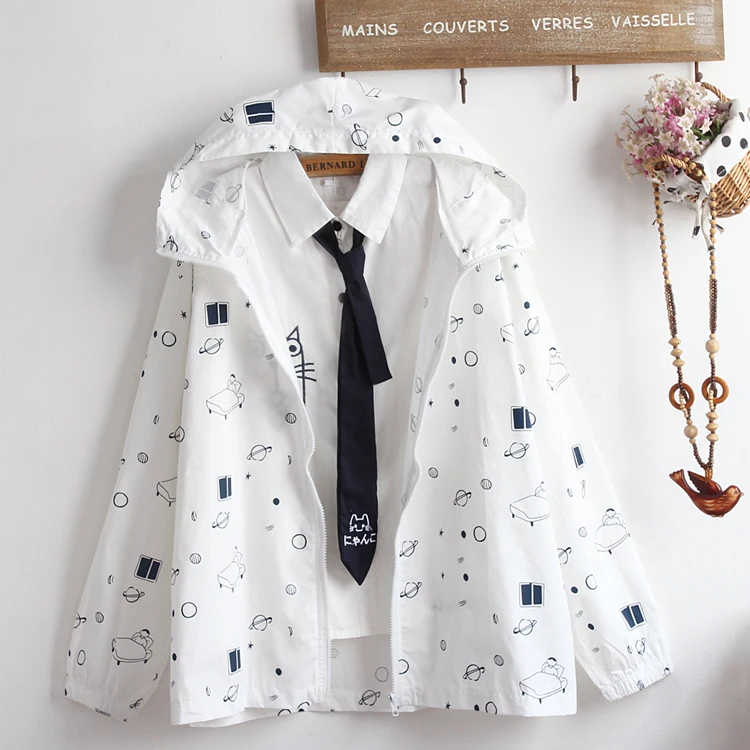 

Японская тонкая куртка с капюшоном и принтом ночного пейзажа, для велоспорта, с защитой от солнца, свободного кроя, хлопковая, с длинными рукавами, на молнии