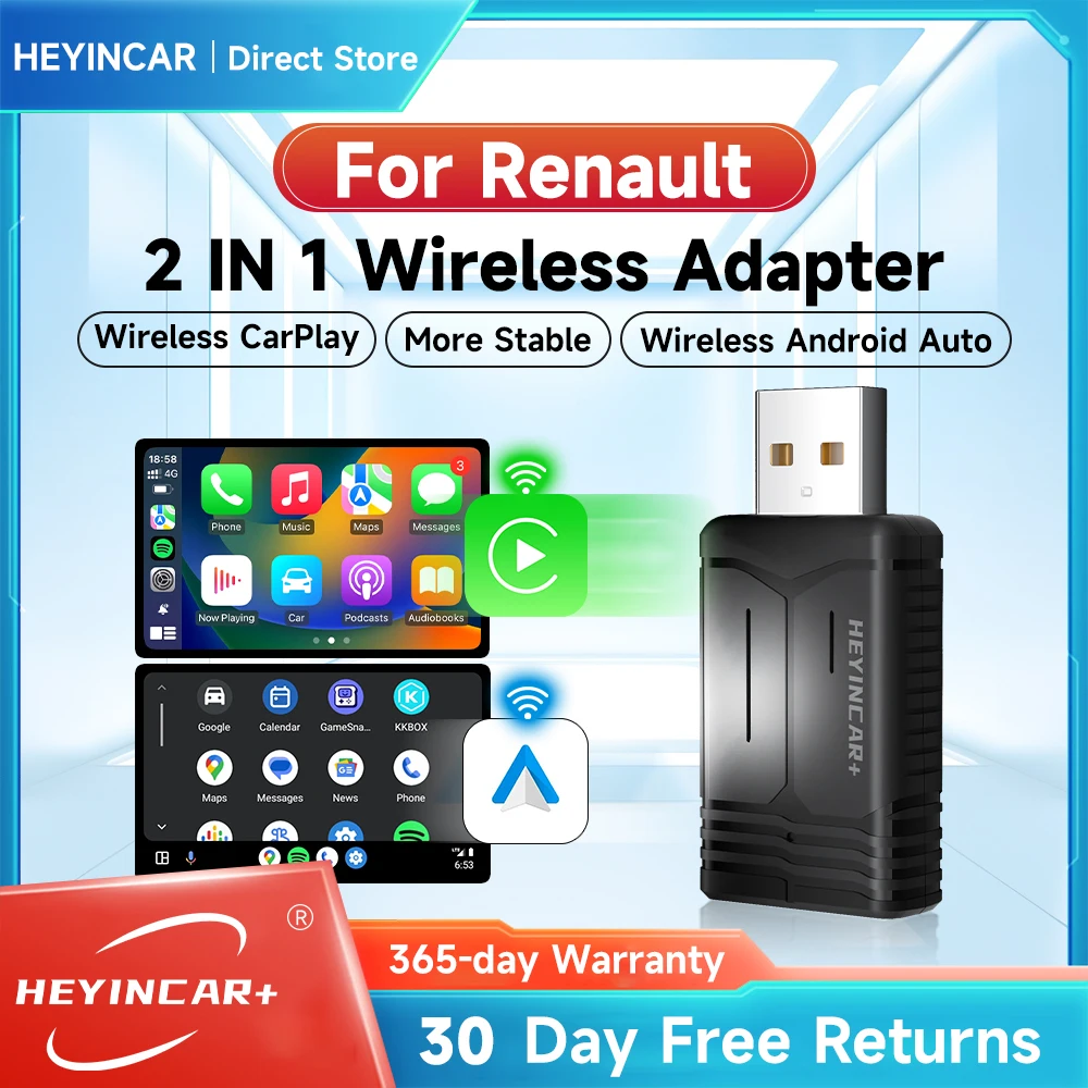 2024 NEW HEYINCAR 2in1 Wireless Android Auto Adapter Carplay Wireless For Renault Arkana Captur Clio MEGANE AUSTRAL ZOE E-Tech