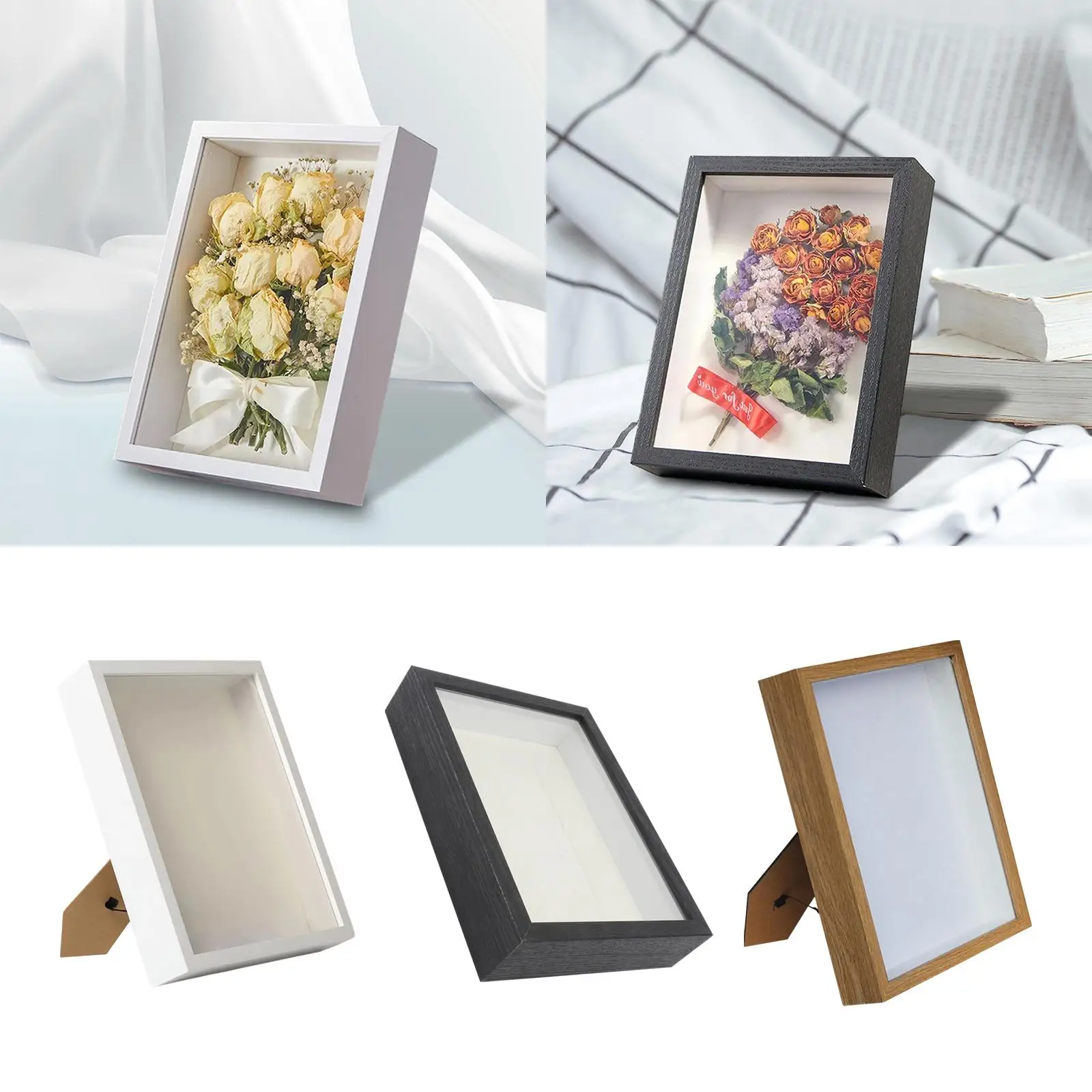 Wood Shadow Box Frame Dried Flower Display Case Tabletop Wall Hanging, Shadowbox for Memorabilia Wedding Photos