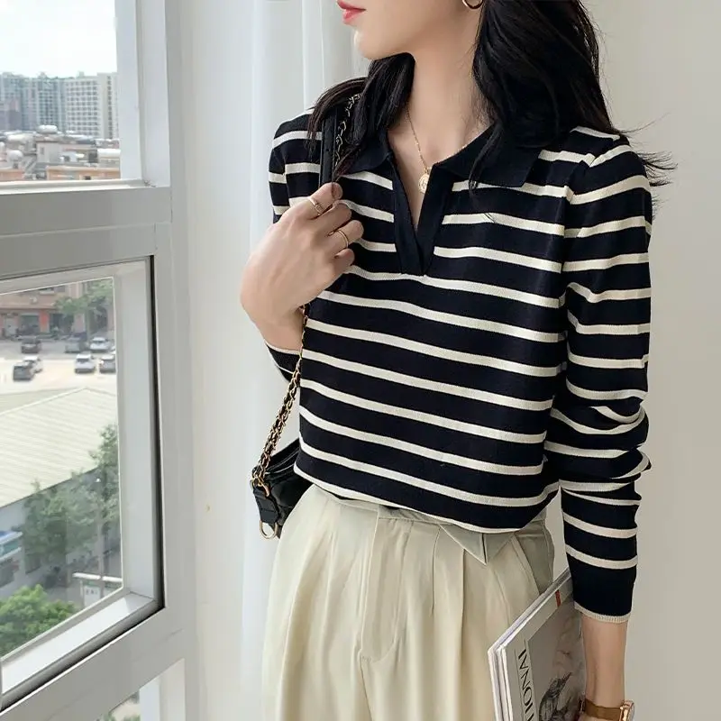 Women Clothing Fashion V-neck Long Sleeve Knit Pullovers Autumn Casual All-match Striped Top Office Lady Elegant Chic Sweaters