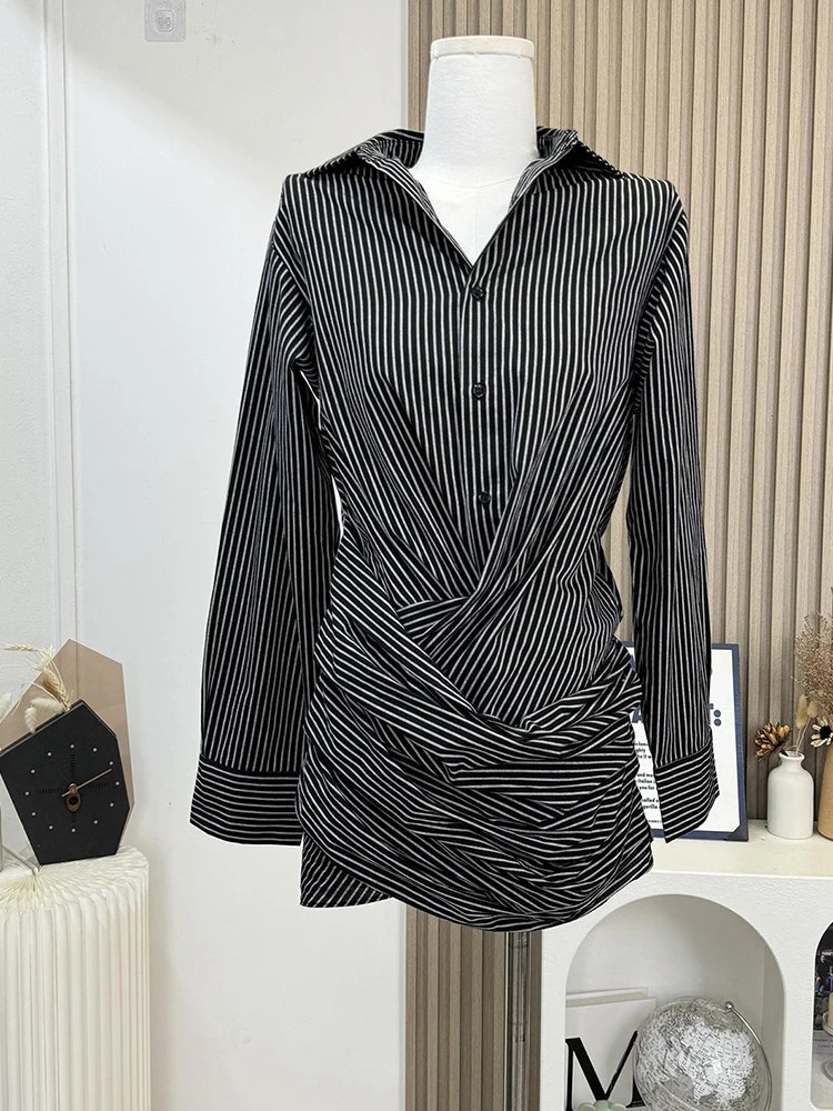 

Autumn Office Lady Y2k Old Money Long Sleeve Mini Striped Shirt Dress Women 2000s Aesthetic Frocks One-Piece Party Gyaru Design