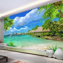 Papel tapiz fotográfico 3D personalizado, pintura de pared con paisaje de árboles de coco, vista al mar, playa, sala de estar, sofá, Fondo de TV, Mural