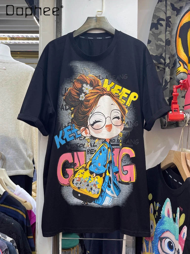 

2025 Summer New Korean Style Loose Versatile Cartoon Glasses Girl Print Short Sleeve T-Shirt Women's Top Trendy Y2k Top